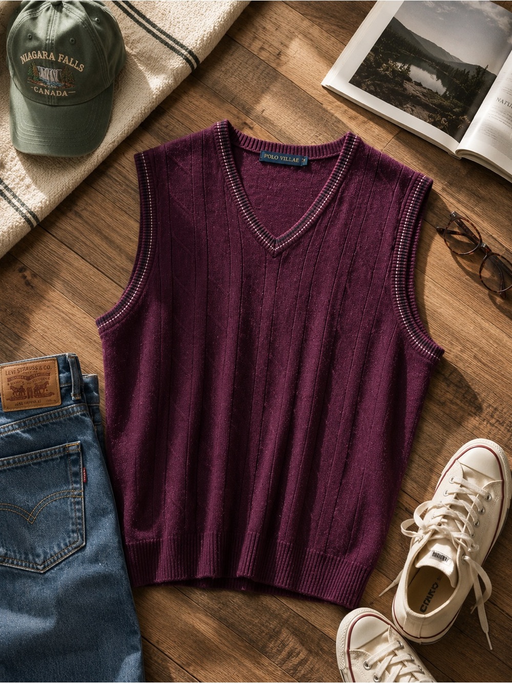 Vintage Burgundy Sweater Vest Grandpa Core Preppy Knit Oversized